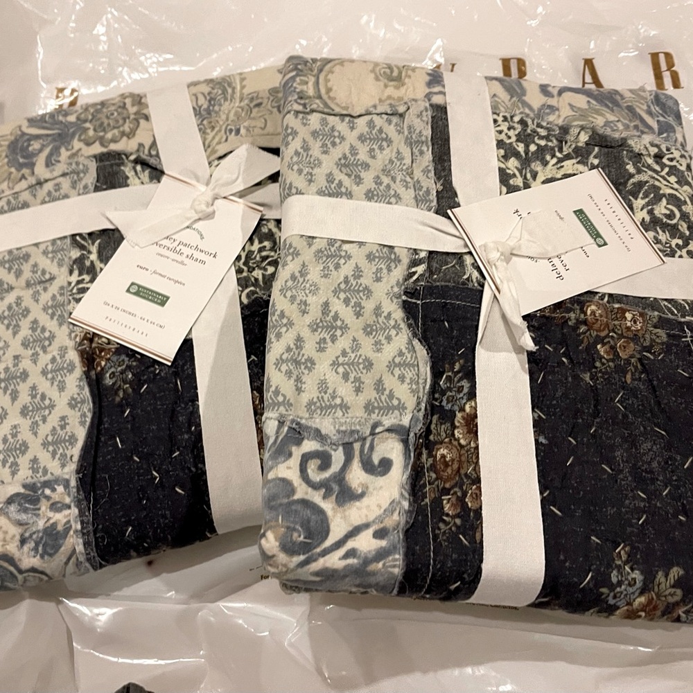 New Pottery Barn Delaney Patchwork Reversible Euro Shams, 26”, S/2